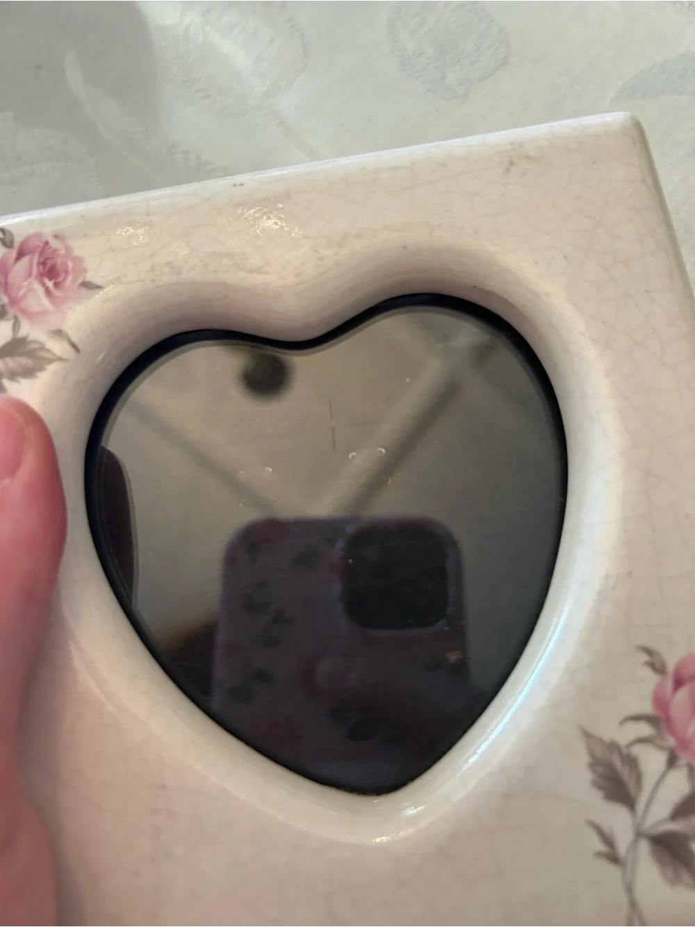Vintage white pink ceramic rose heart shaped picture frame coquette